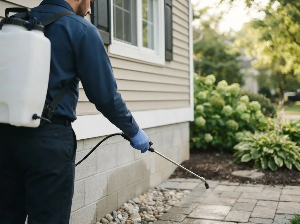 Pest control technician inspecting a home in Edwards, IL